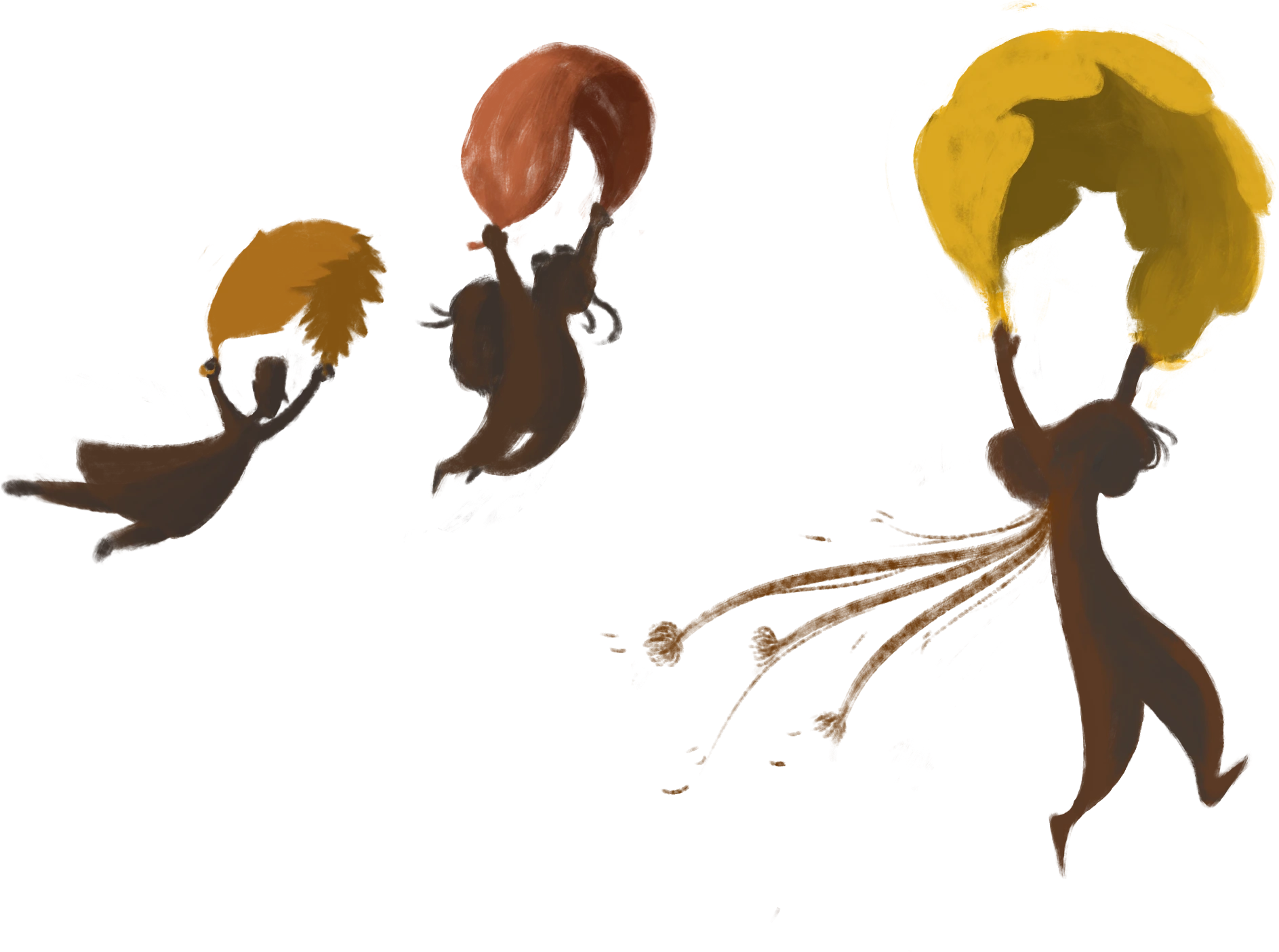 illustration décorative conception visuelle Énora : trois silhouettes qui se parachutent à l'aide de feuilles