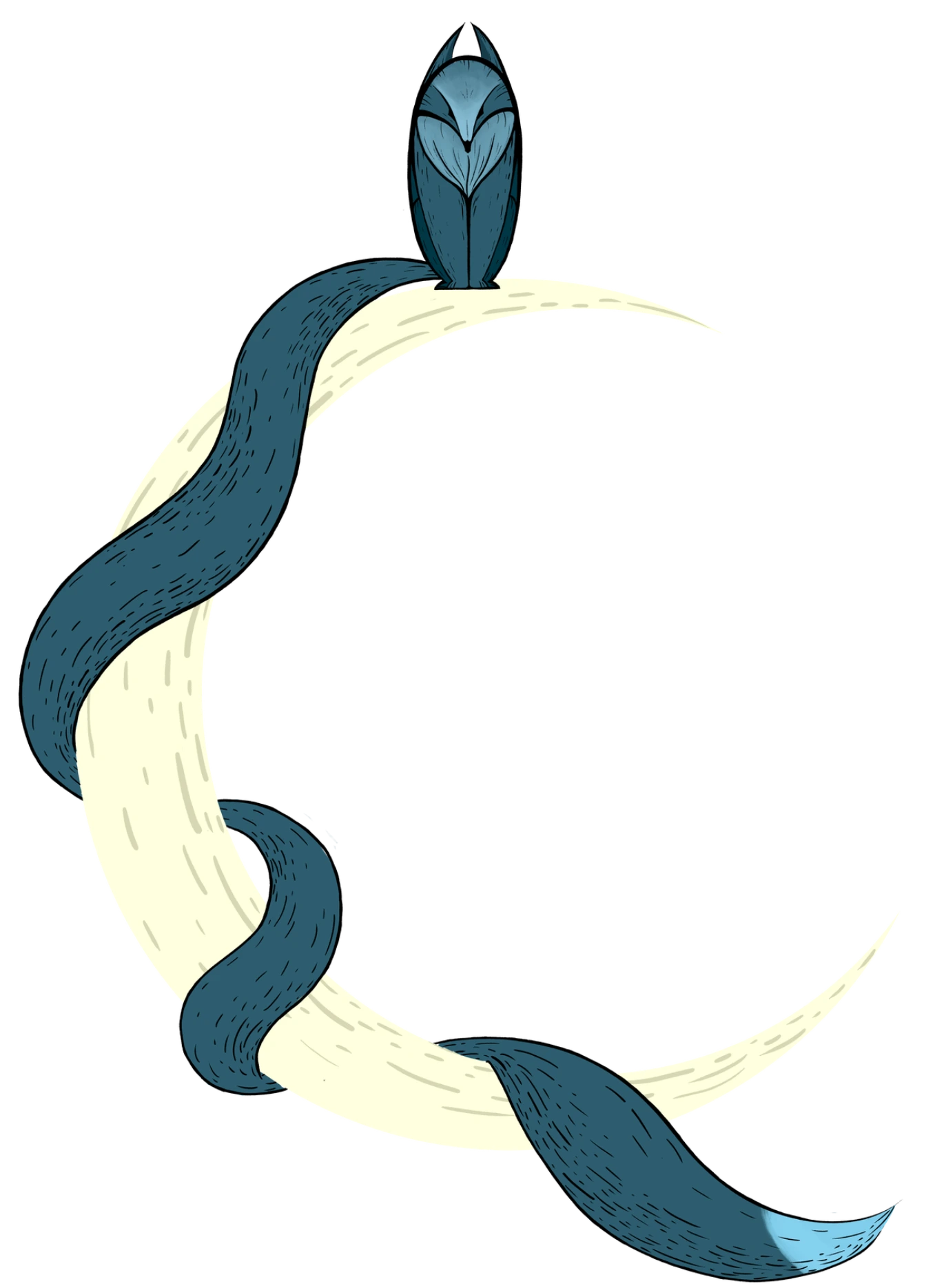 un loup mystique perché sur un croissant de lune autour de laquelle son immense queue s'enroule