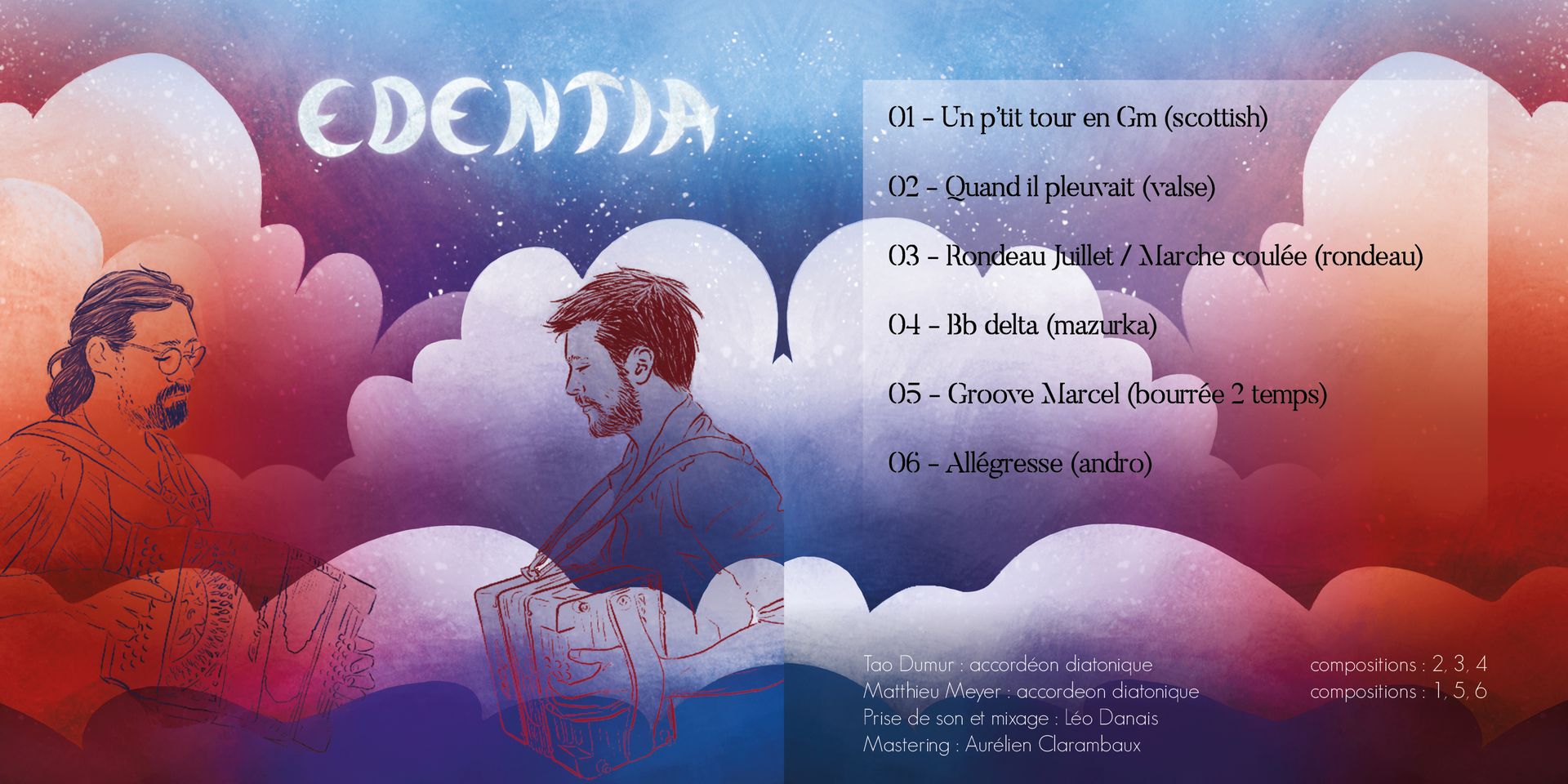 illustration d'une jaquette de CD, deux portraits esquissés dans des nuages rouges et bleus