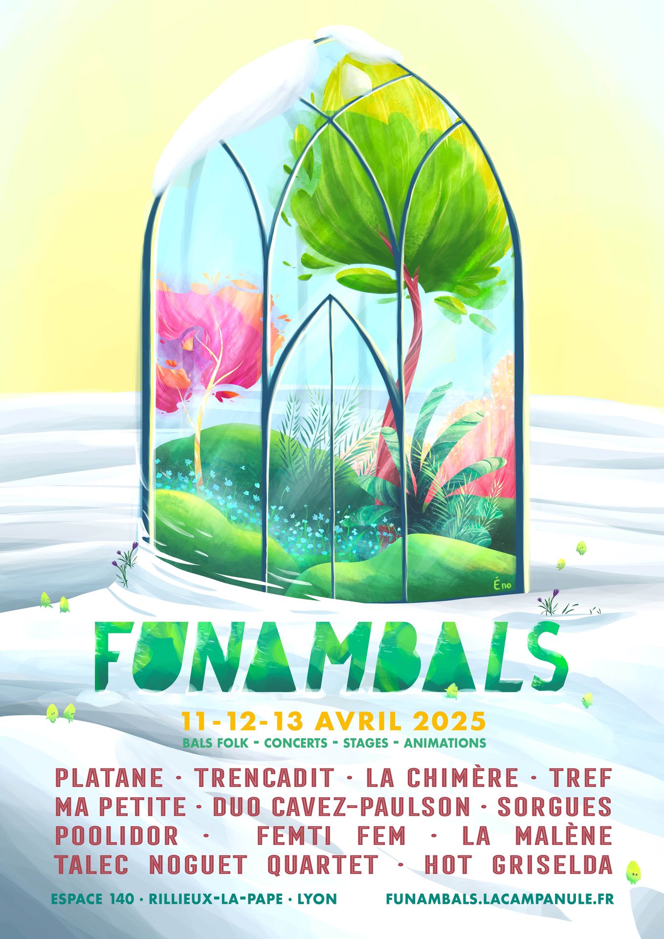 affiche des Funambals 2025 illustrée par Énora Loffet réalisée pour l'association La Campanule : une serre / cloche en verre abrite une végétation superbe, des fleurs colorées, un arbre verdoyant alors qu'il neige autour, c'est un contraste entre l'hiver et le printemps. Illustration réalisée pour un bal vers Lyon, Rillieux la Pape