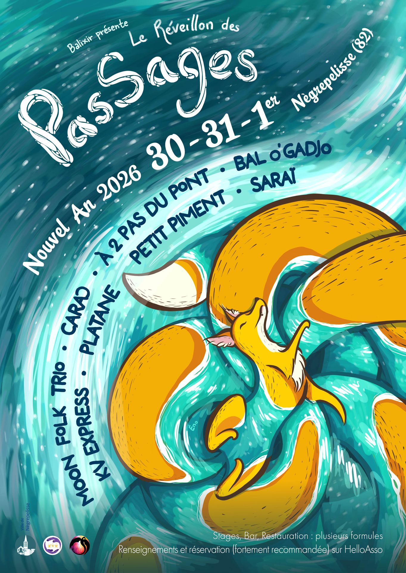 affiche du Réveillon des PasSages 2025 illustrée par Énora Loffet réalisée pour l'association Balixir ; un renard joue dans l'eau, un torrent, il a une queue immense sur laquelle il flotte (ou neuf queues ?). Un bal du nouvel an