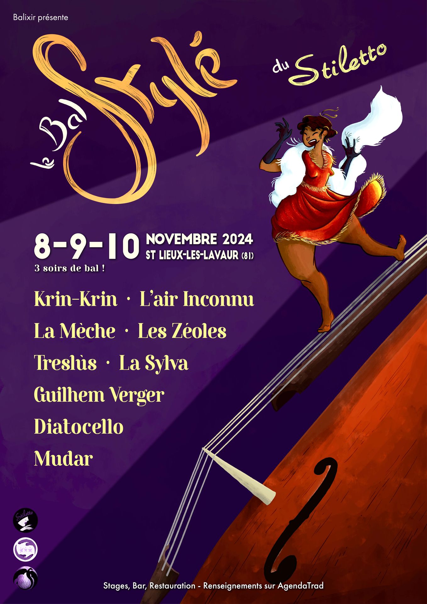 affiche du Bal Stylé 2024 illustrée par Énora Loffet réalisée pour l'association Balixir ; une jeune femme racisée noire avec un boa blanc et une robe rouge glisse sur un violoncelle ou une contrebasse, sur fond violet, pour un bal en Occitanie