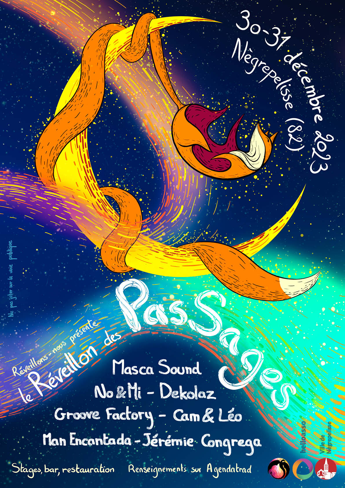 affiche du Réveillon des PasSages 2023 illustrée par Énora Loffet réalisée pour l'association Réveillons-nous