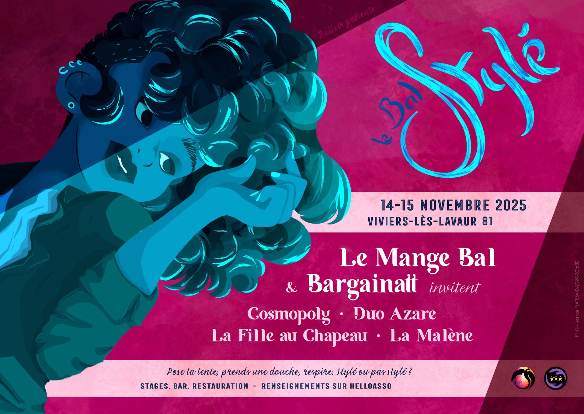 affiche du Bal Stylé 2025 illustrée par Énora Loffet réalisée pour l'association Balixir ; une femme bleue sur un fond fuschia rose pétant, racisée, noire, coupe afro, cheveux volume, pour un bal en Occitanie