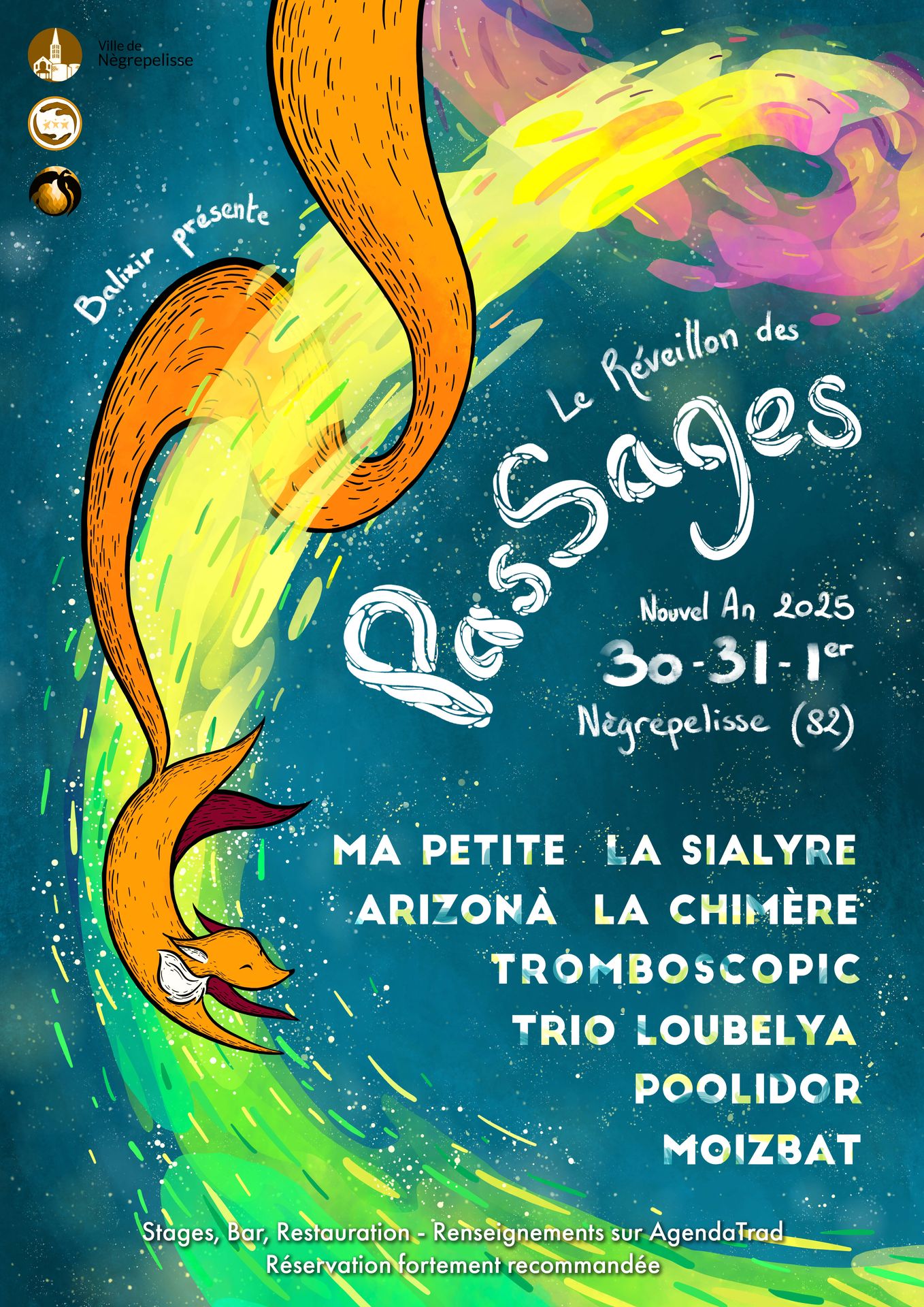 affiche du Réveillon des PasSages 2024 illustrée par Énora Loffet réalisée pour l'association Balixir ; un renard joue, glisse, danse sur un rayon de lumière, sur fond de voie lactée, d'étoiles et de galaxie. Un bal du nouvel an