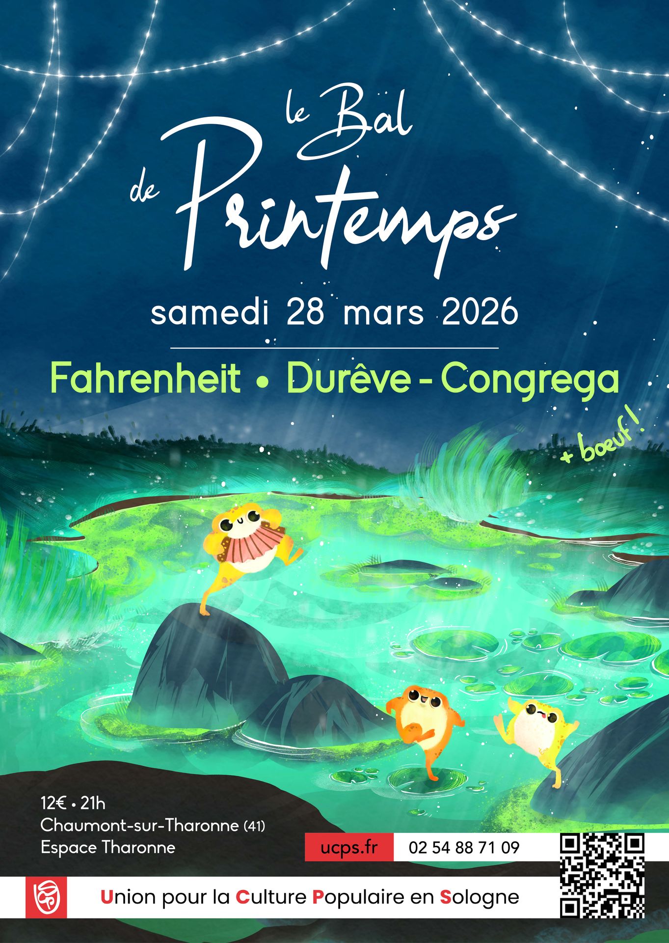 affiche du Bal du Printemps 2026 illustrée par Énora Loffet pour l'UCPS, des grenouilles font la fête, dansent et jouent de la musique dans une mare phosphorescente, de nuit
