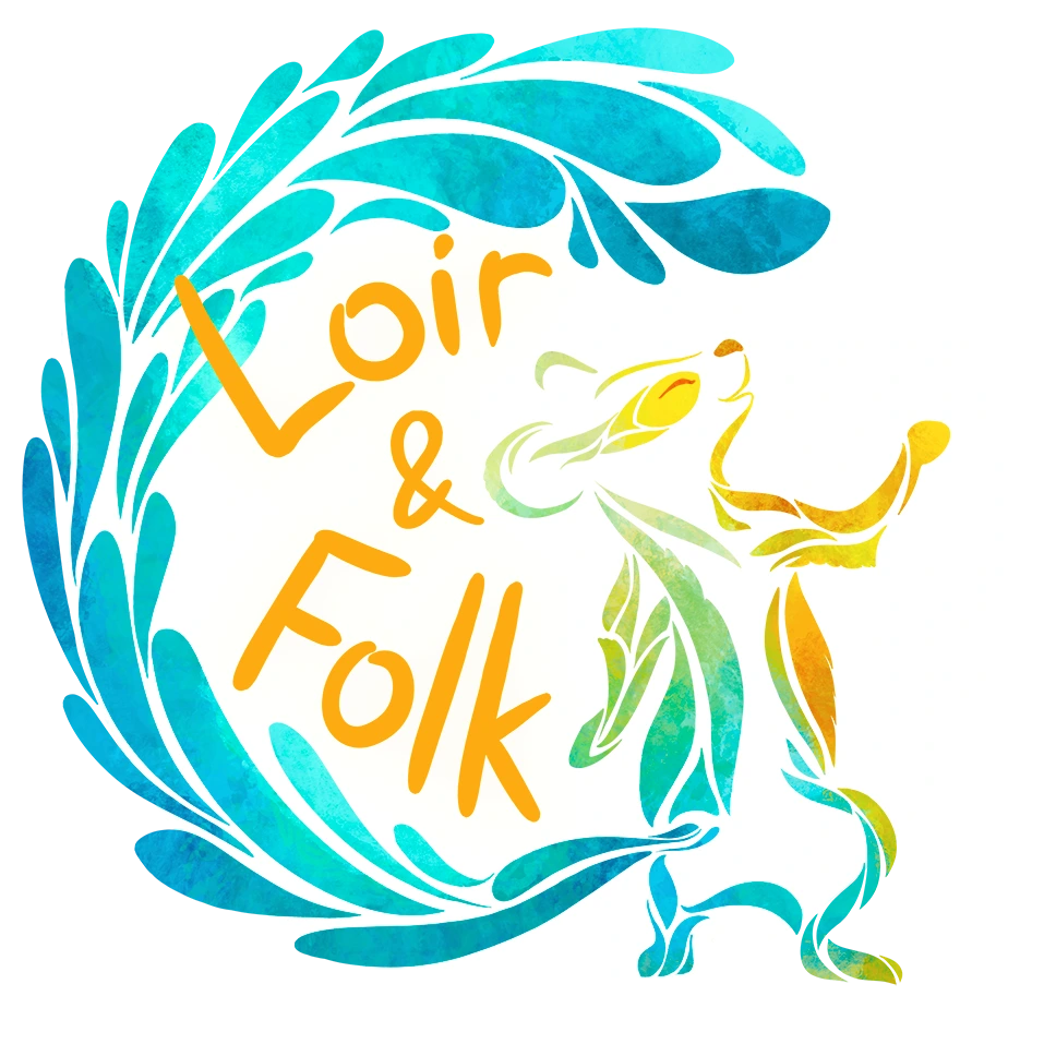 Logo de l'association Loir And Folk (Loir&amp;Folk) en Loir-et-Cher, enseignant les danses traditionnelles notamment la bourrée du Berry, et organisant des bals traditionnels. Le logo est à l'effigie d'un loir qui danse, et dont la queue est faite de gouttes d'eau et rappelle un fleuve.