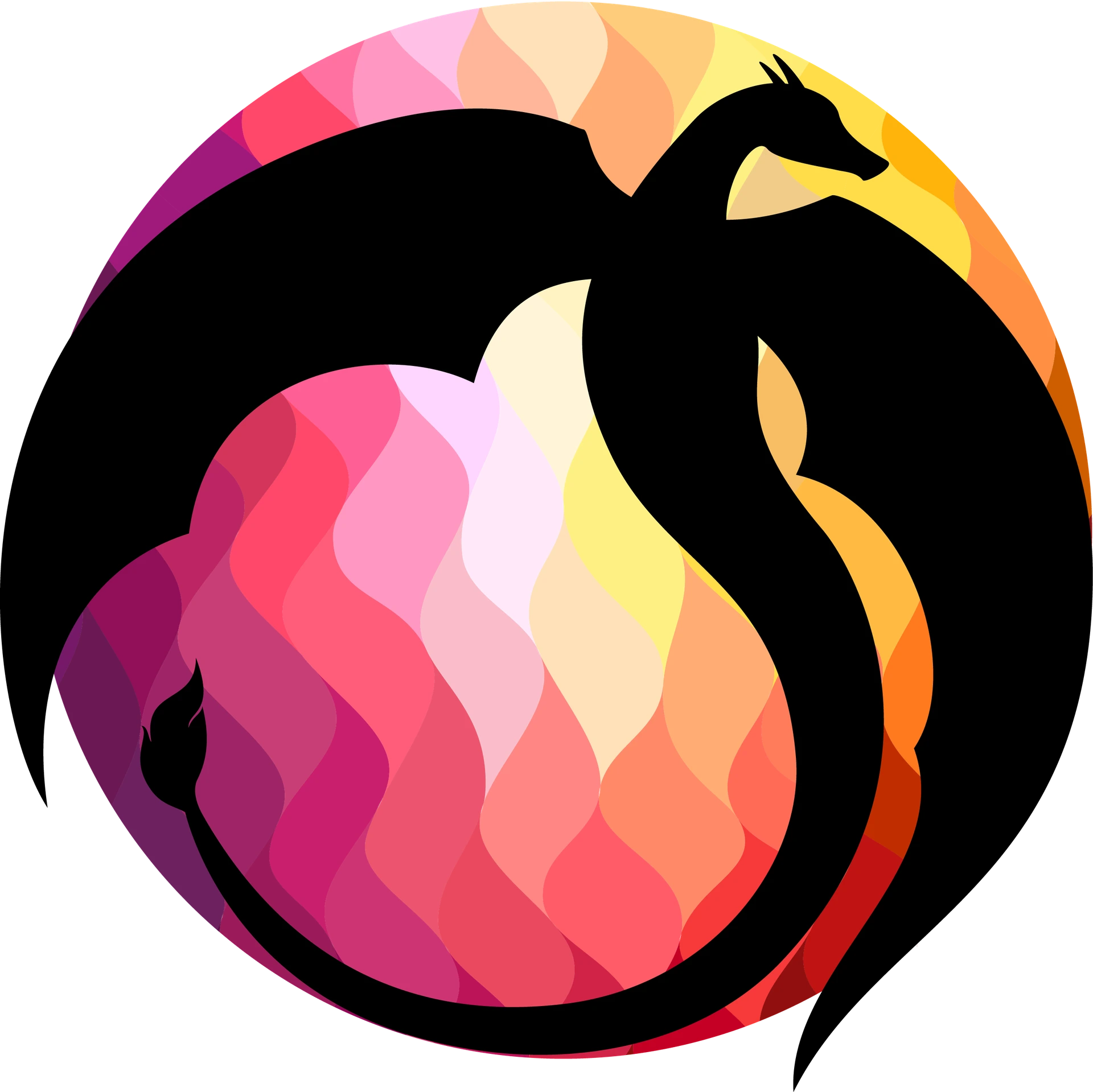 Logo de la Dragonne des bals, Anne-Laure Goix, organisatrice dans l'évènementiel de bals et de festivals de danse traditionnelles et folk, notamment en Occitanie. Le logo représente une silhouette de dragonne noire sur fond de motifs rappelant des flammes, couleur chaudes jaune et rose.