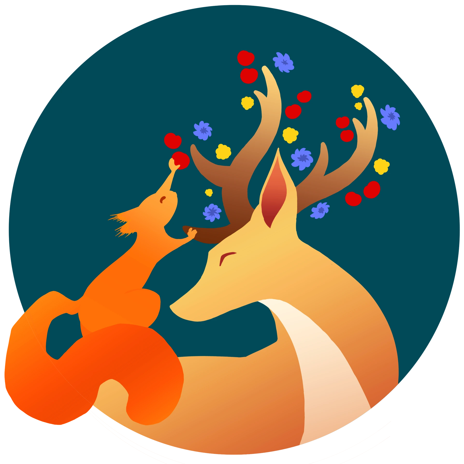 Logo de La Forêt Fruitière (Maïwenn Loffet), à St Barthélémy en Normandie. Logo vectoriel, avec beaucoup de dégradés différents, il représente un écureuil roux qui grapille / cueille / récolte les fruits dans les bois d'un cervidé, un chevreuil ou un cerf doré.