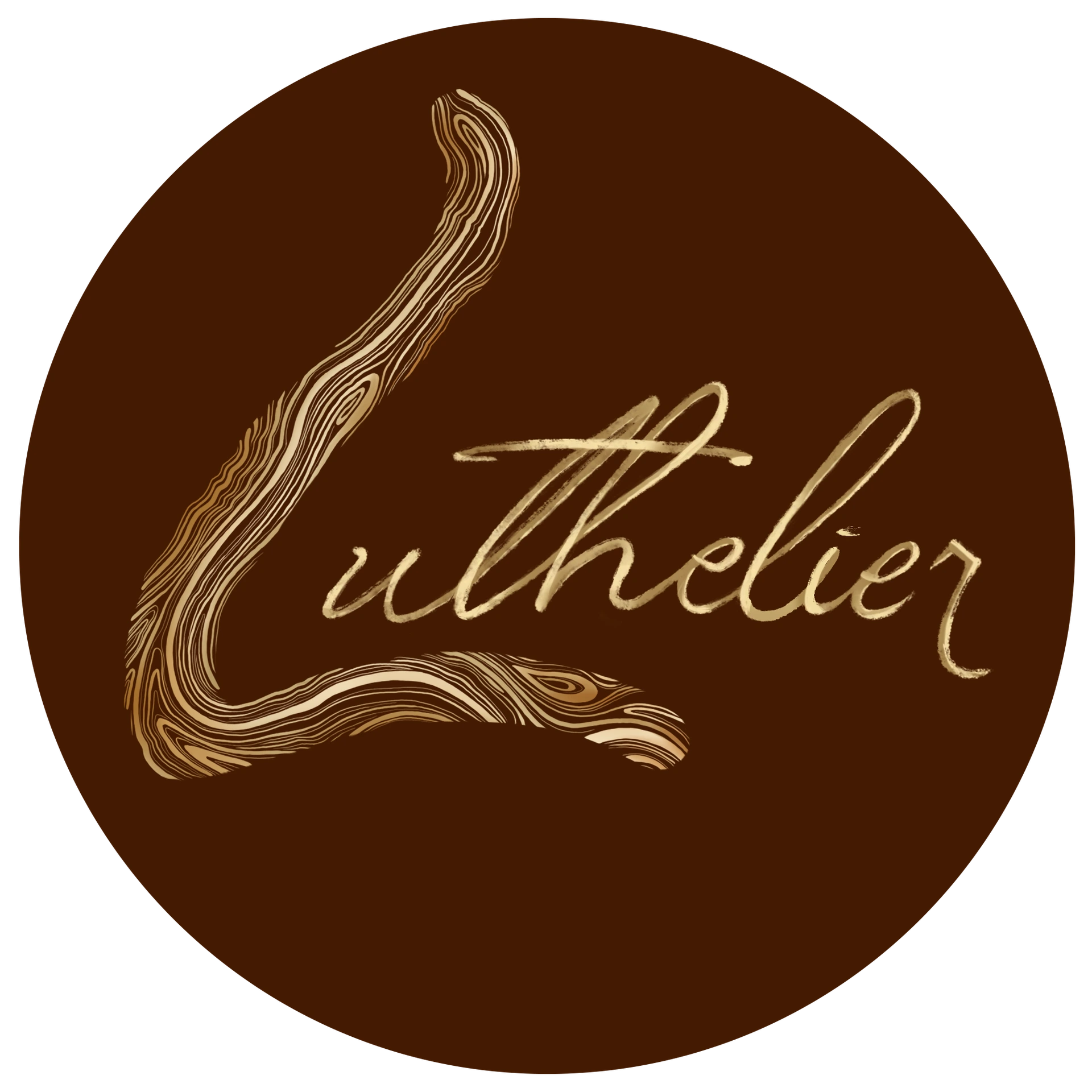Logo de Luthelier Mathias Gouetta, artisan luthier pour les instruments à cordes en Occitanie. Guitares, ukulélés, mandolines, bouzoukis, son logo est une typographie manuscrite élégante, le L majuscule a un pattern / motif de cernes de bois, des lignes qui s'entrelacent et font de belles courbes naturelles.