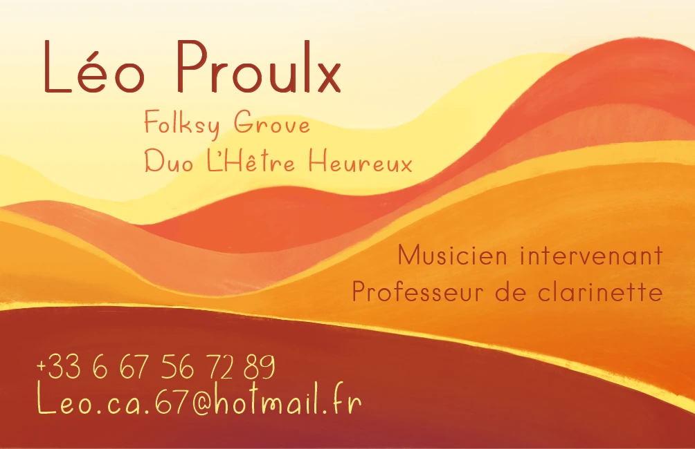 verso de la carte de visite du musicien clarinettiste Léo Proulx