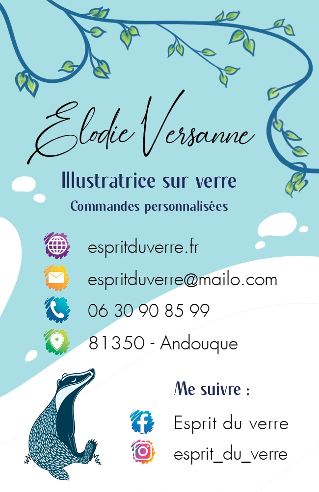 verso de la carte de visite de l'illustratrice sur verre Elodie Versanne