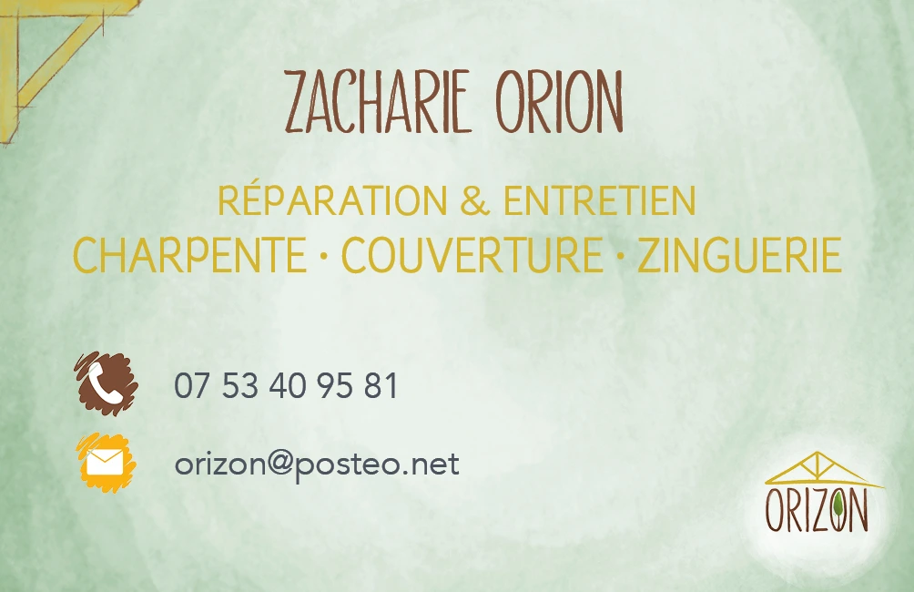 verso de la carte de visite d'Orizon, Zacharie Orion couvreur zingueur charpentier
