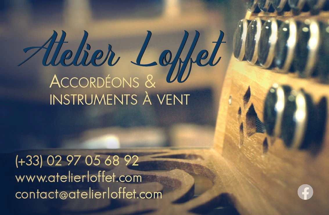 recto de la carte de visite de l'atelier de facture d'accordéons diatonique l'atelier Loffet