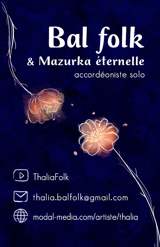 Thalia bal folk verso de la carte de visite du solo d'accordéon de Thalia balfolk