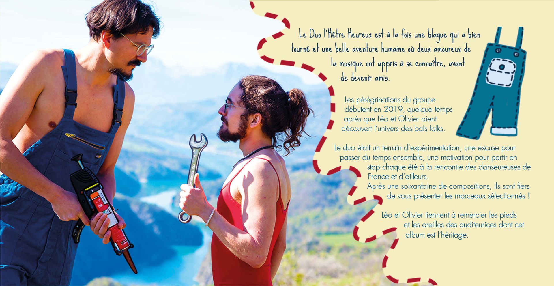 page de présentation du duo illustration de l'livret de l'album du duo l'Hêtre Heureux, page de présentationdu livret de paroles de l'hêtre heureux album Toujours aucune trace du respect