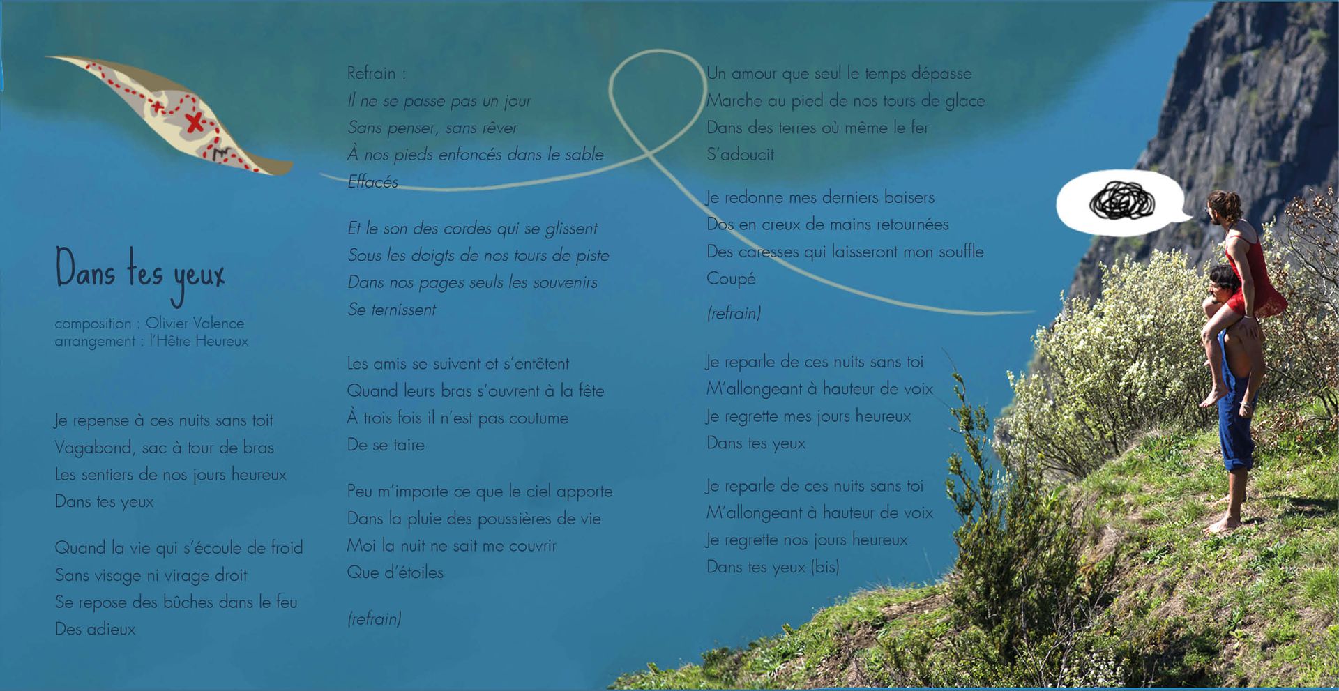 livret de paroles "Dans tes yeux" illustration de l'intérieur du livret de paroles de l'hêtre heureux album Toujours aucune trace du respect