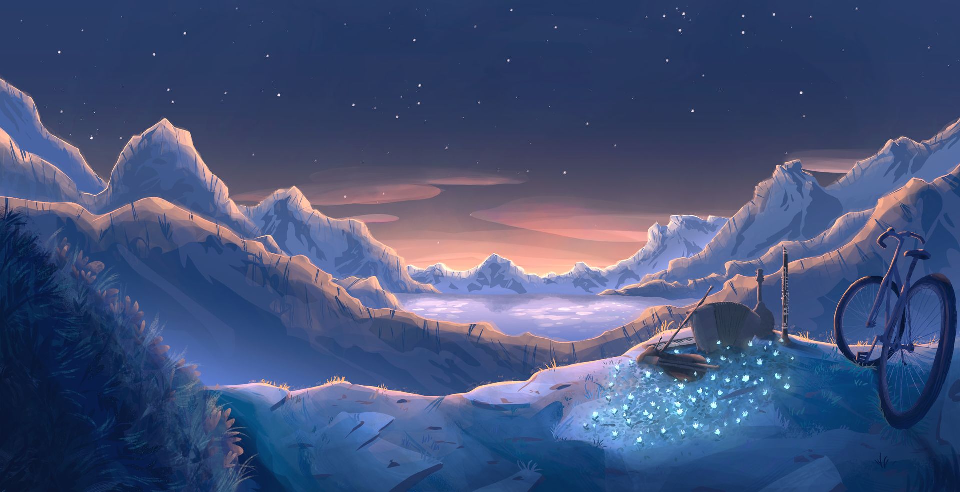 Bannière de Radel, environnement, paysage peint, coucher de soleil sur des montagnes